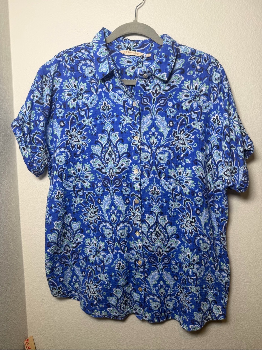 Soft Surroundings Blue Floral Paisley Gauzy Cotton Button-Up Shirt Summer Size L